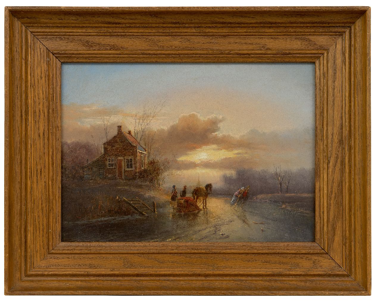 Morel II J.E.  | Jan Evert Morel II | Gemälde zum Verkauf angeboten | Pferdeschlitten und Schlittschuhläufer beim Sonnenuntergang, Öl auf Holz 20,2 x 28,5 cm, Unterzeichnet u.r.