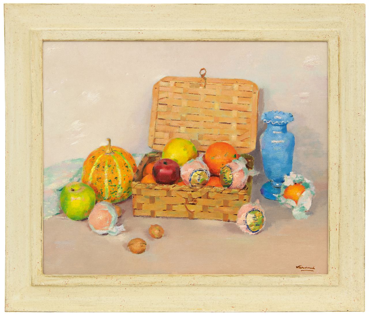 Verdonk F.W.  | Frederik Willem 'Frits' Verdonk | Gemälde zum Verkauf angeboten | Still life with a fruit basket, Öl auf Leinwand  auf Holzfaser 46,0 x 56,0 cm, Unterzeichnet u.r.