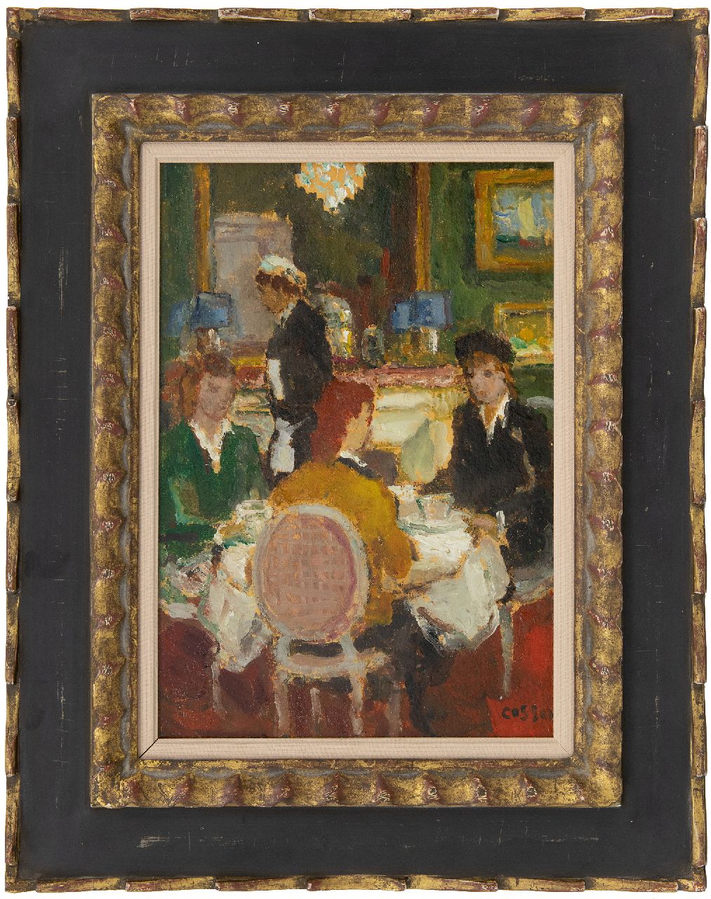 Cosson J.L.M.  | Jean Louis 'Marcel' Cosson | Gemälde zum Verkauf angeboten | Im Restaurant, Öl auf Malereifaser 34,8 x 24,1 cm, Unterzeichnet u.l.