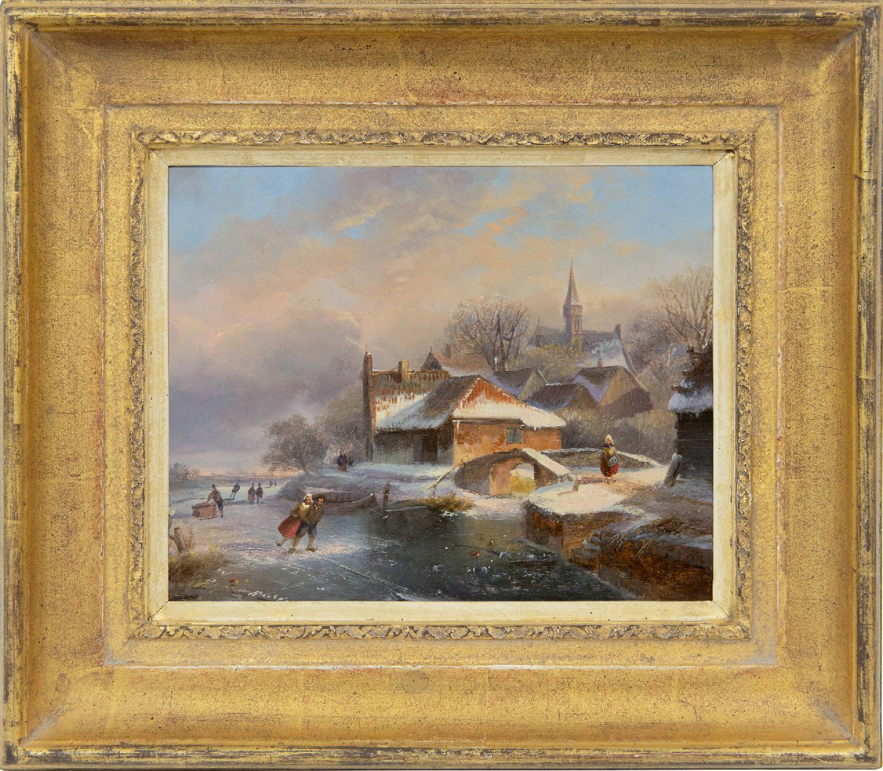Roosenboom N.J.  | Nicolaas Johannes Roosenboom, Schlittschuhläufer bei einem beschneiten Dorf, Öl auf Holz 18,5 x 23,0 cm, Unterzeichnet M.u.