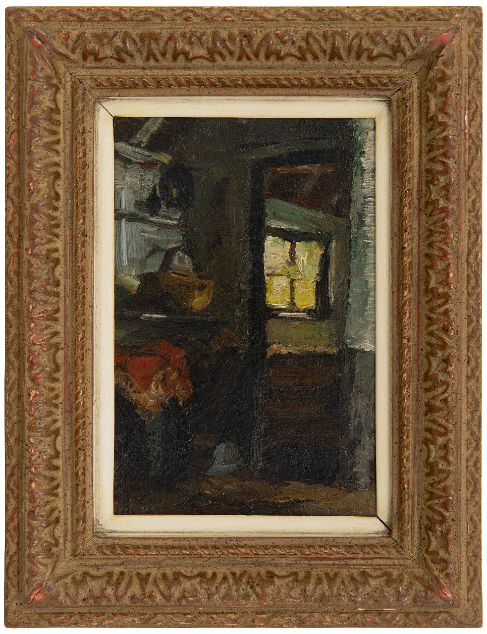 Zwart W.H.P.J. de | Wilhelmus Hendrikus Petrus Johannes 'Willem' de Zwart | Gemälde zum Verkauf angeboten | Bauernhof Interieur, Öl auf Leinwand  auf Holzfaser 17,0 x 11,0 cm, Unterzeichnet u.l. mit Initialen