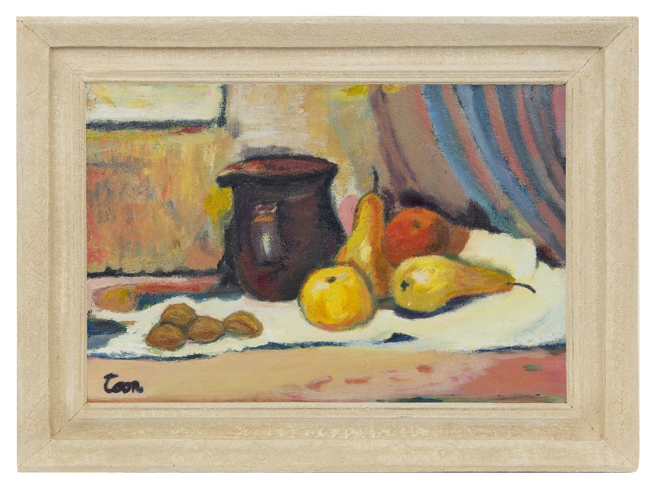 Hermans A.G.T.  | Antoine Gerard Theodore 'Toon' Hermans, Stilleben mit Krug und Birnen, Öl auf Leinwand 40,2 x 60,0 cm, Unterzeichnet u.l.