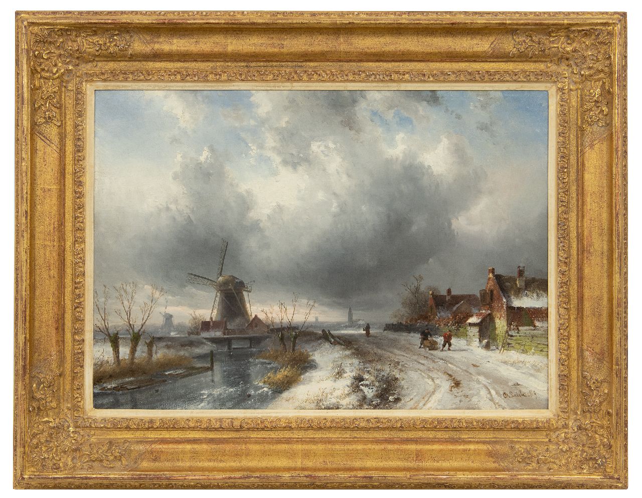 Leickert C.H.J.  | 'Charles' Henri Joseph Leickert, Ausgedehnte Winterlandschaft mit Figuren auf beschneitem Pfad, Öl auf Leinwand 44,0 x 62,7 cm, Unterzeichnet u.r.