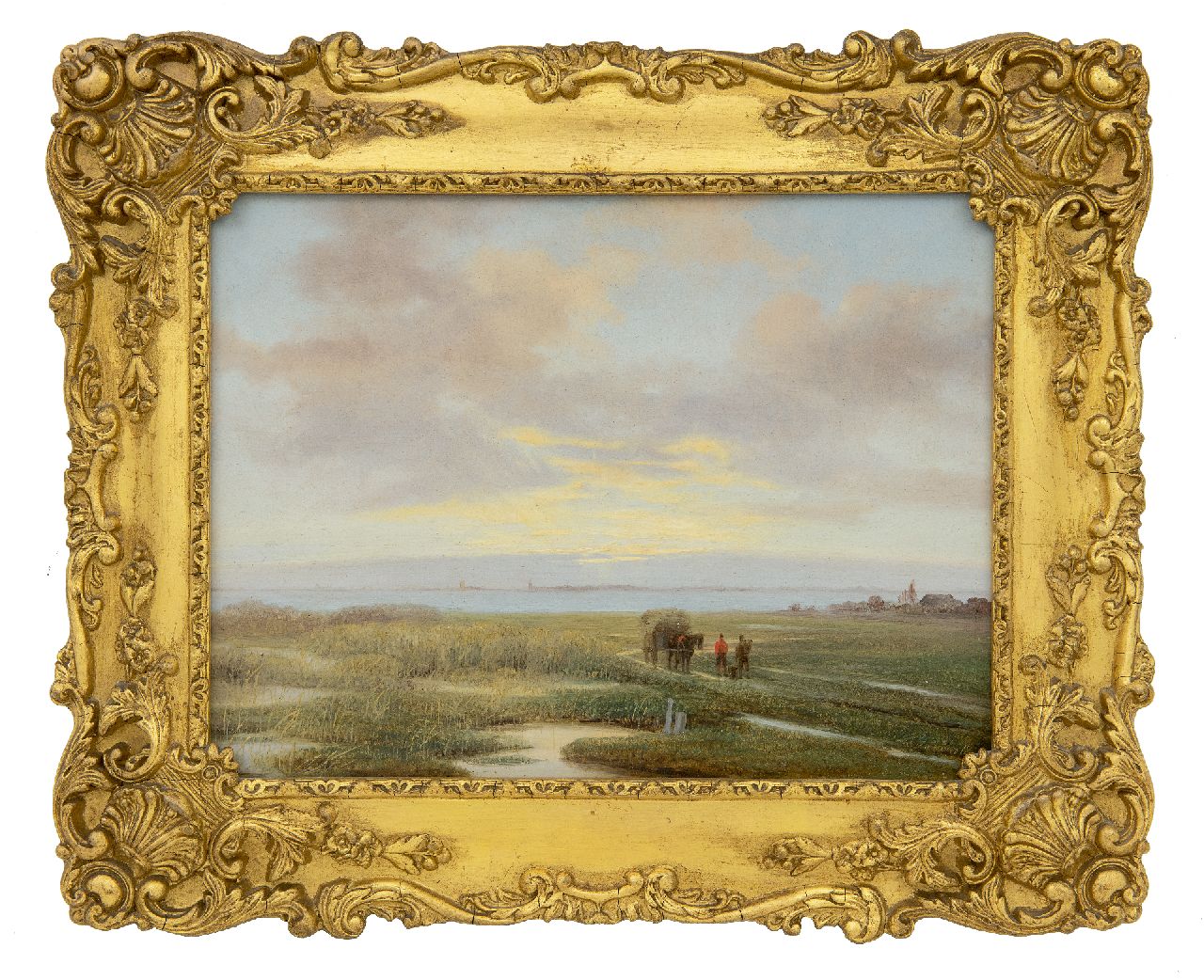 Roosenboom N.J.  | Nicolaas Johannes Roosenboom | Gemälde zum Verkauf angeboten | Landleute mit Heuwagen in der breiten Landschaft, Öl auf Holz 20,5 x 27,0 cm, Unterzeichnet u.r.