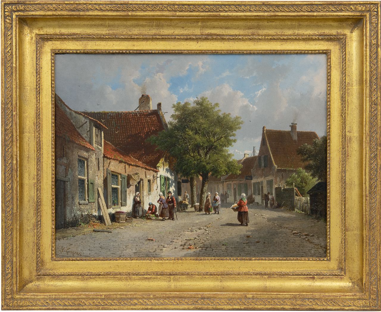 Eversen A.  | Adrianus Eversen, Sonnige straßenszene mit zahlreichen Staffagefiguren, Öl auf Holz 33,0 x 43,9 cm, Unterzeichnet u.l.