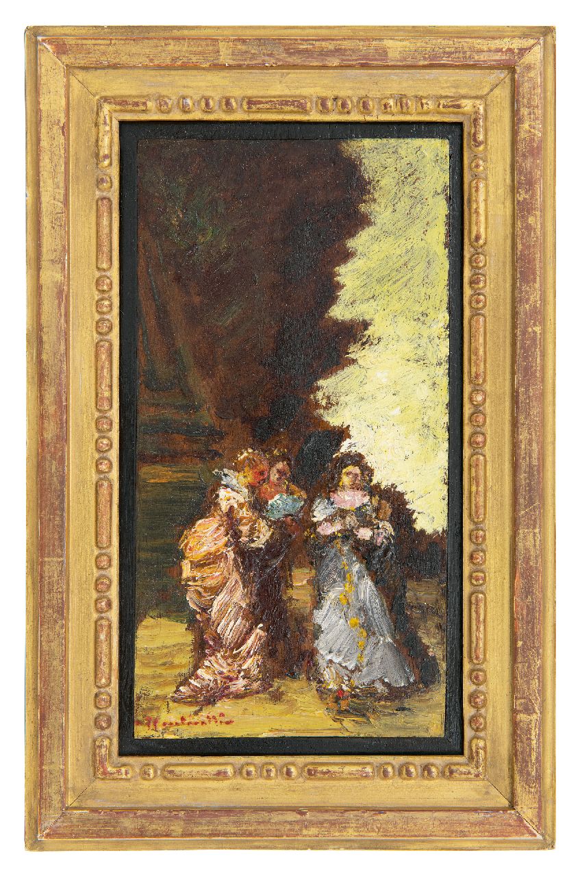 Monticelli A.J.T.  | 'Adolphe' Joseph Thomas Monticelli Monticelli, Trois femmes dans un parc (Drei Frauen in einem Park), Öl auf Holzfaser auf Holz 29,3 x 16,0 cm, Unterzeichnet u.l.