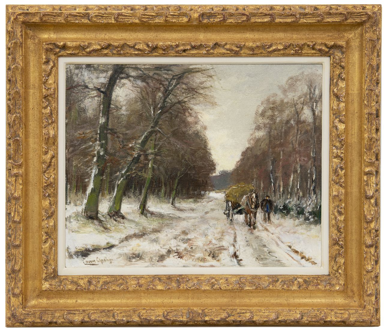 Apol L.F.H.  | Lodewijk Franciscus Hendrik 'Louis' Apol, Mann mit Heuwagen auf beschneitem Waldweg, Öl auf Leinwand 32,6 x 40,5 cm, Unterzeichnet u.l.