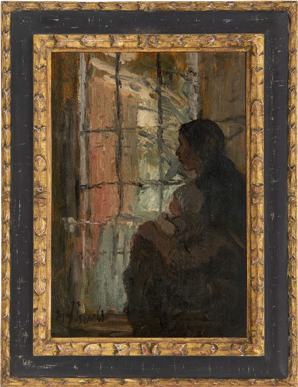 Israëls J.  | Jozef Israëls, Mutter und Kind am Fenster, Öl auf Holz 38,6 x 27,1 cm, Unterzeichnet u.l.