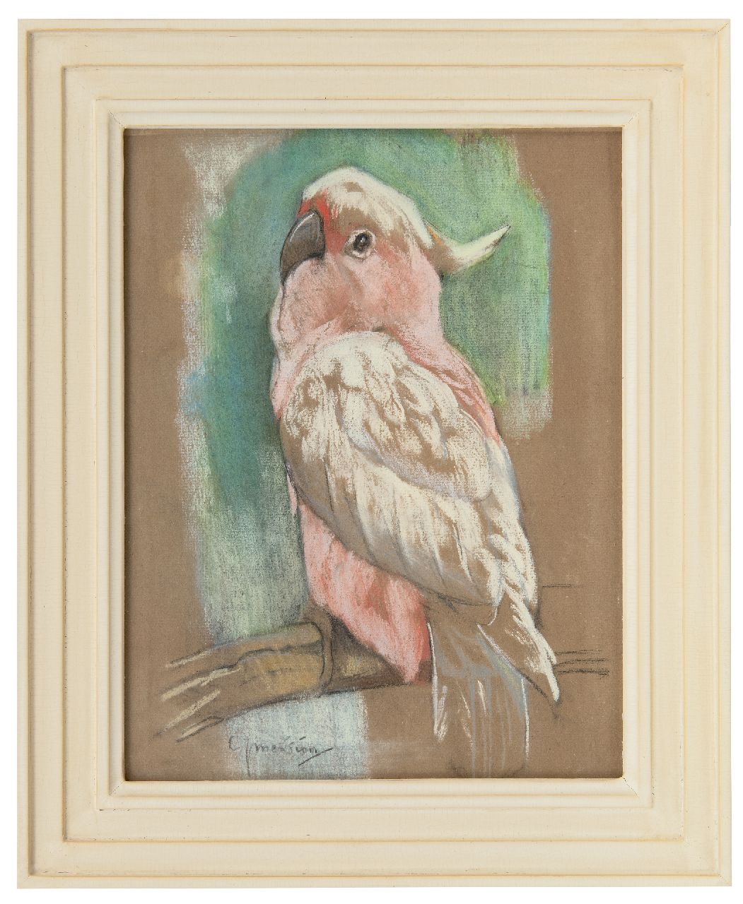 Mension C.J.  | Cornelis Jan Mension | Aquarelle und Zeichnungen zum Verkauf angeboten | Rosa Kakadu, Pastell auf Papier 31,1 x 23,7 cm, Unterzeichnet u.l.