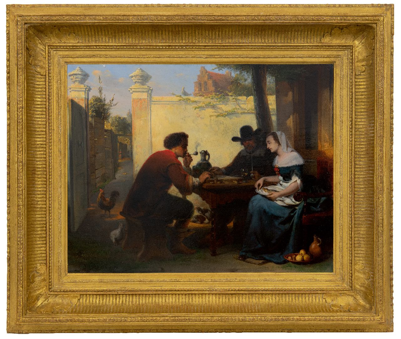 Laar J.H. van de | Jan Hendrik van de Laar | Gemälde zum Verkauf angeboten | Dame spielen im Garten, Öl auf Holz 40,8 x 51,1 cm, Unterzeichnet l.v.m.h. auf der Bank und datiert 1864