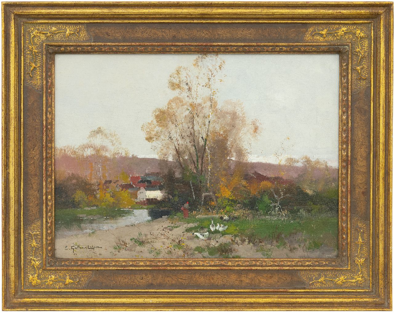 Galien-Laloue E.  | Eugène Galien-Laloue | Gemälde zum Verkauf angeboten | Herbstlandschaft mit Gänsehüterin, Öl auf Leinwand 33,3 x 46,0 cm, Unterzeichnet u.l.