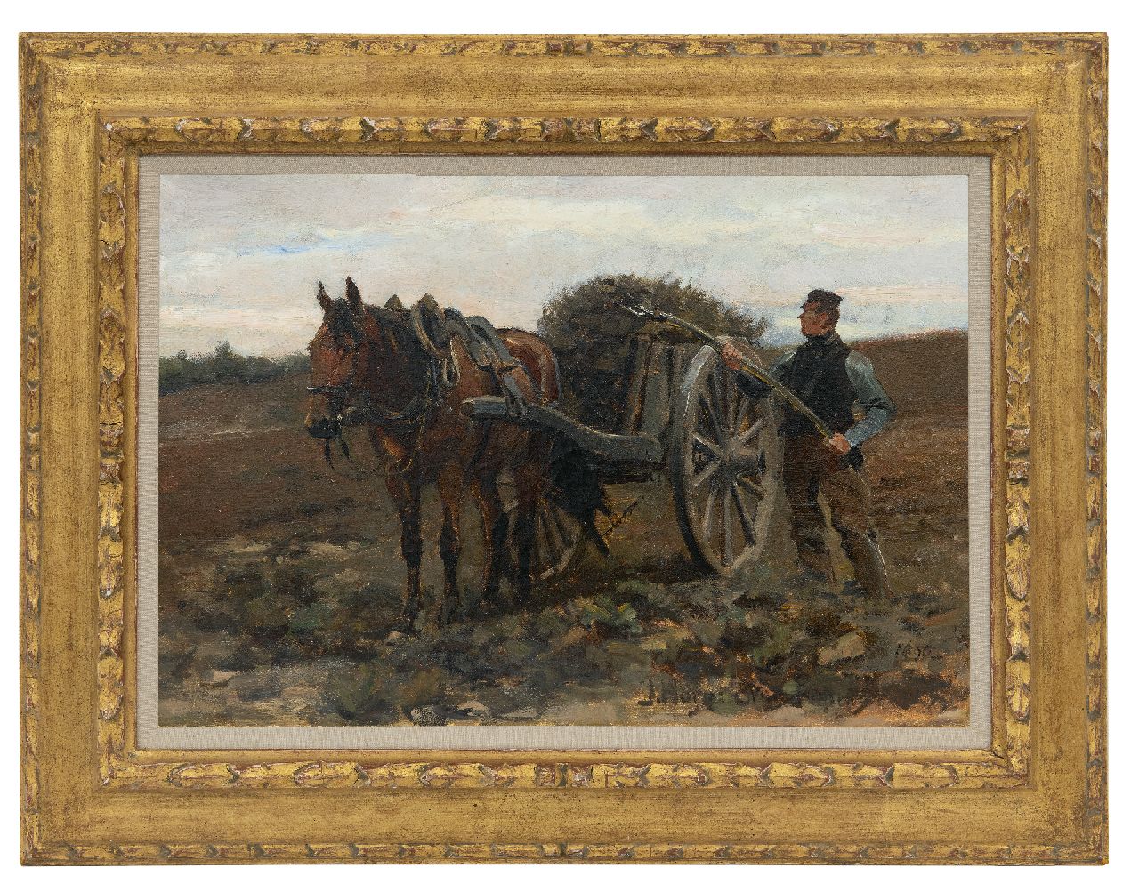 Hoynck van Papendrecht J.  | Jan Hoynck van Papendrecht | Gemälde zum Verkauf angeboten | Bauer mit Pferd und Karren auf dem Feld, Öl auf Leinwand 32,6 x 48,9 cm, Unterzeichnet u.r. und auf einem Etiket auf der Trage und datiert 1890