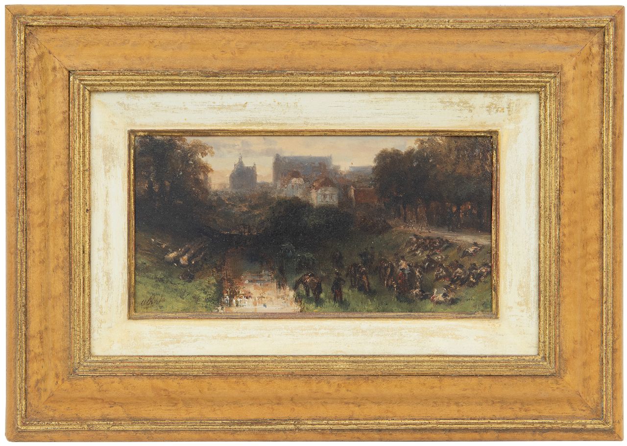 Rochussen Ch.  | Charles Rochussen, Ruhende französische Kavalleristen einer grossen Stadt, Öl auf Holz 11,6 x 23,1 cm, Unterzeichnet l.u. mit Initialen und datiert '50