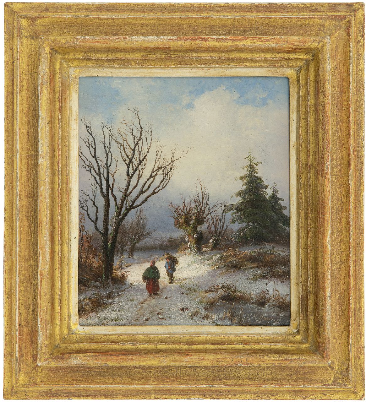 Haus H.M.  | Hendrik Manfried Haus, Holtzsammler aug schneebedecktem Weg, Öl auf Holz 17,7 x 15,1 cm, Unterzeichnet u.r.