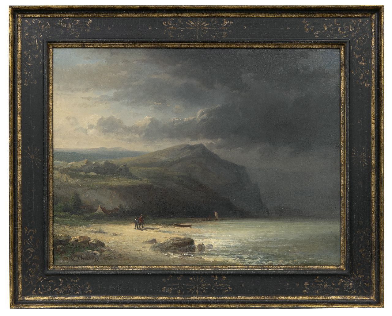 Swart C.H. de | Corstiaan Hendrikus de Swart | Gemälde zum Verkauf angeboten | Figuren auf dem Strand beim drohenden Wetter, Öl auf Holz 45,3 x 59,7 cm, Unterzeichnet u.l. und datiert 1871