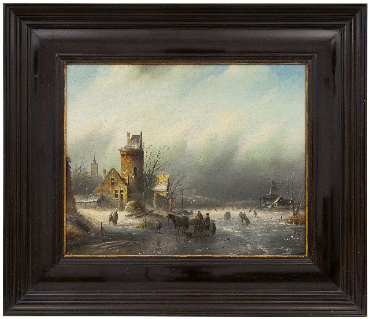 Spohler J.J.C.  | Jacob Jan Coenraad Spohler | Gemälde zum Verkauf angeboten | Winterlandschaft mit Schlittschuhläufern auf einem gefrorener Fluss, Öl auf Holz 21,5 x 27,1 cm, Unterzeichnet u.l.