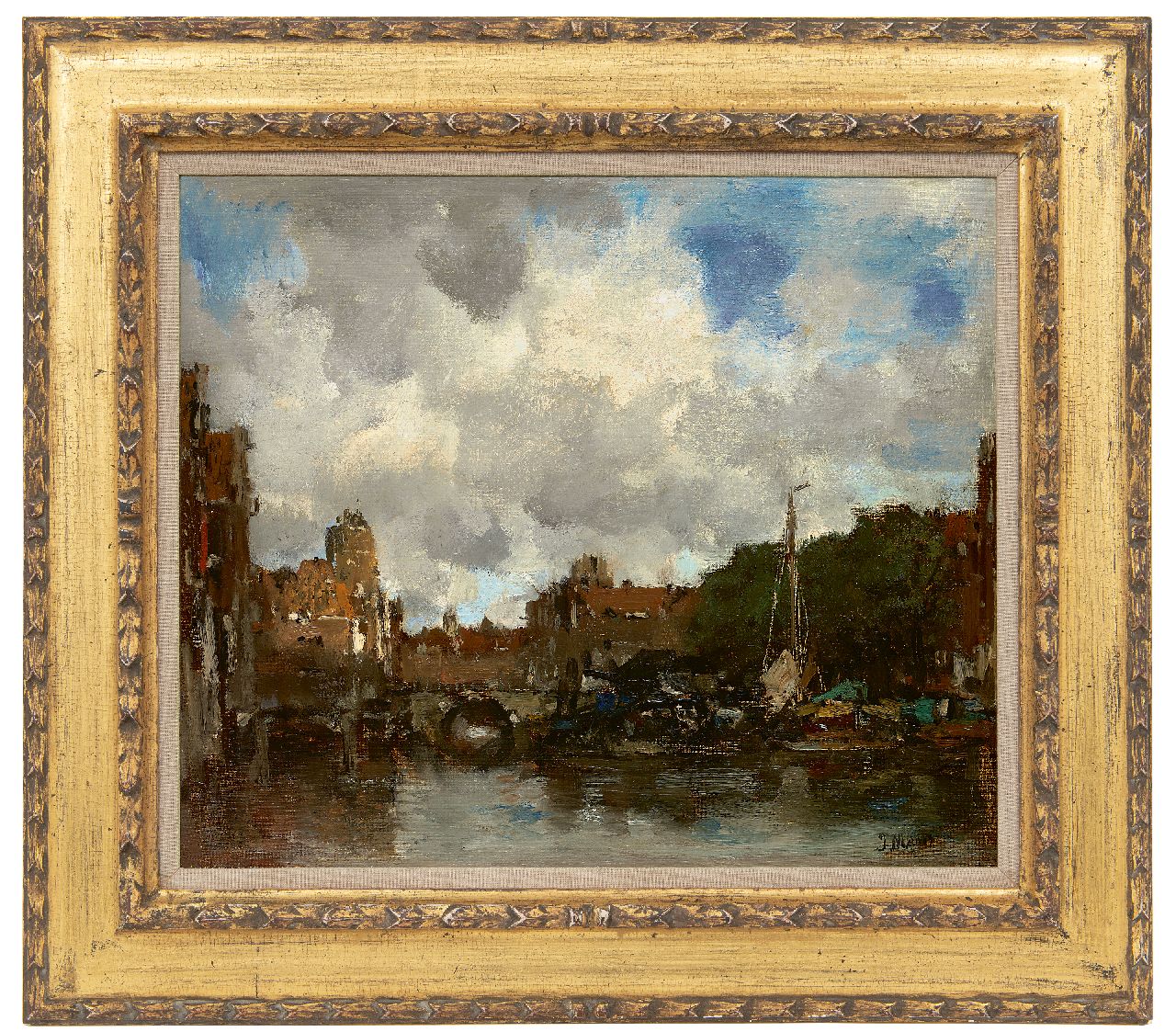 Maris J.H.  | Jacobus Hendricus 'Jacob' Maris | Gemälde zum Verkauf angeboten | Eine holländische Hafenstadt (Dordrecht), Öl auf Leinwand 41,5 x 49,0 cm, Unterzeichnet u.r. und zu datieren um 1890