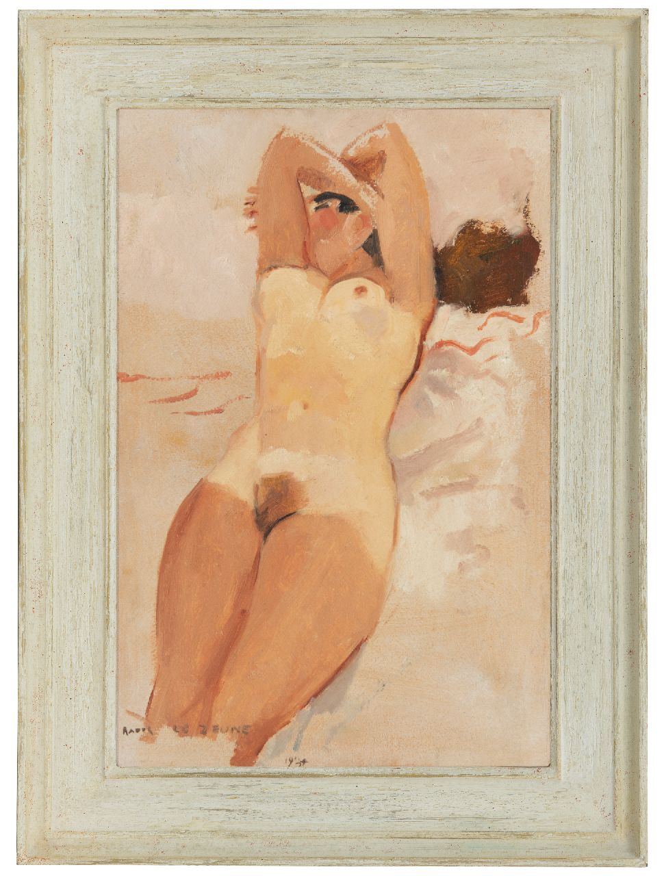 Lejeune R.  | Raoul Lejeune, Sonnenbadender Akt, Öl auf Leinwand auf Holz 50,5 x 34,2 cm, Unterzeichnet u.l. und datiert 1934