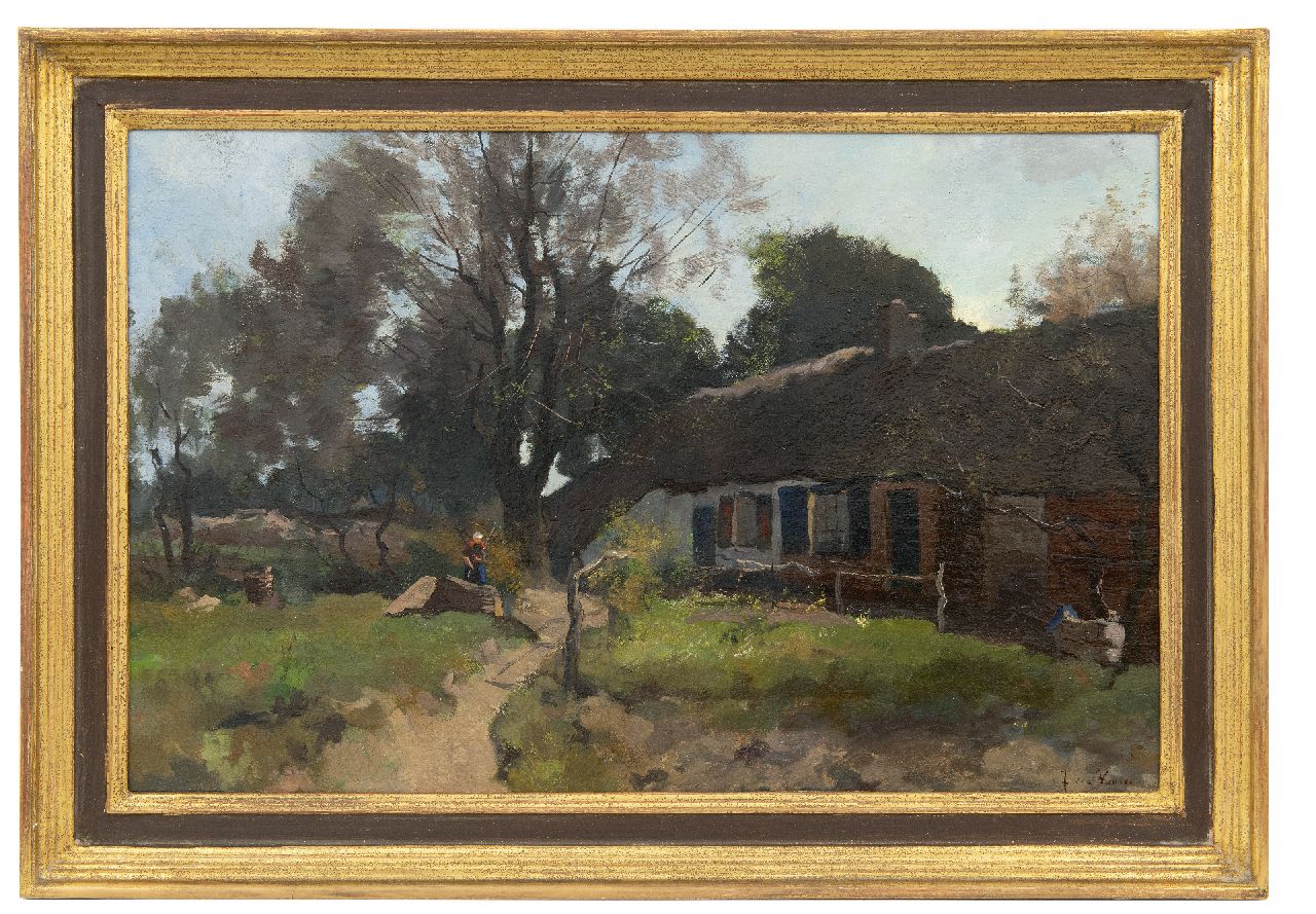 Vuuren J. van | Jan van Vuuren | Gemälde zum Verkauf angeboten | Bäuerin, die an Bauernhofhof arbeitet, Öl auf Holz 36,9 x 56,6 cm, Unterzeichnet u.r.