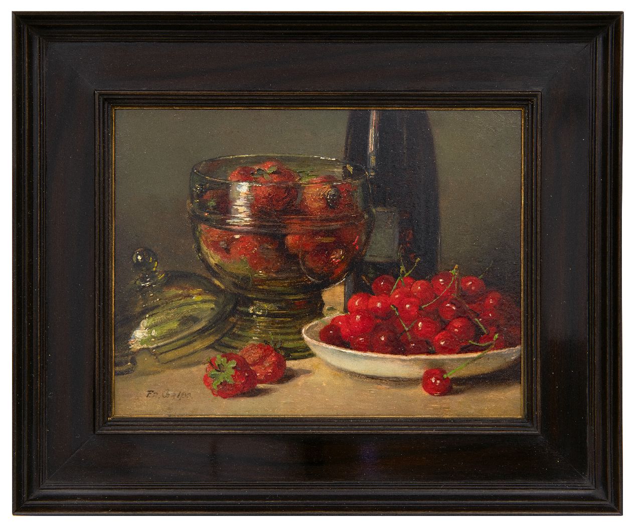 Grips F.  | Frédéric Antoine Marie 'Frits' Grips, Stillleben mit Kirschen und Erdbeeren im Glas, Öl auf Holz 16,0 x 21,1 cm, Unterzeichnet u.l.
