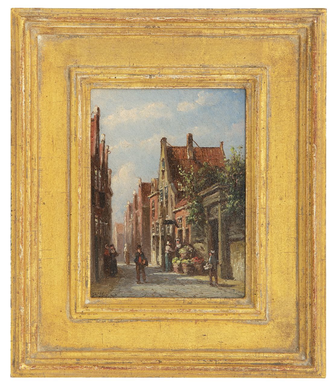 Vertin P.G.  | Petrus Gerardus Vertin | Gemälde zum Verkauf angeboten | Sonnige Straße mit Gemüseverkäufer, Öl auf Holz 13,4 x 10,2 cm, Unterzeichnet u.l.