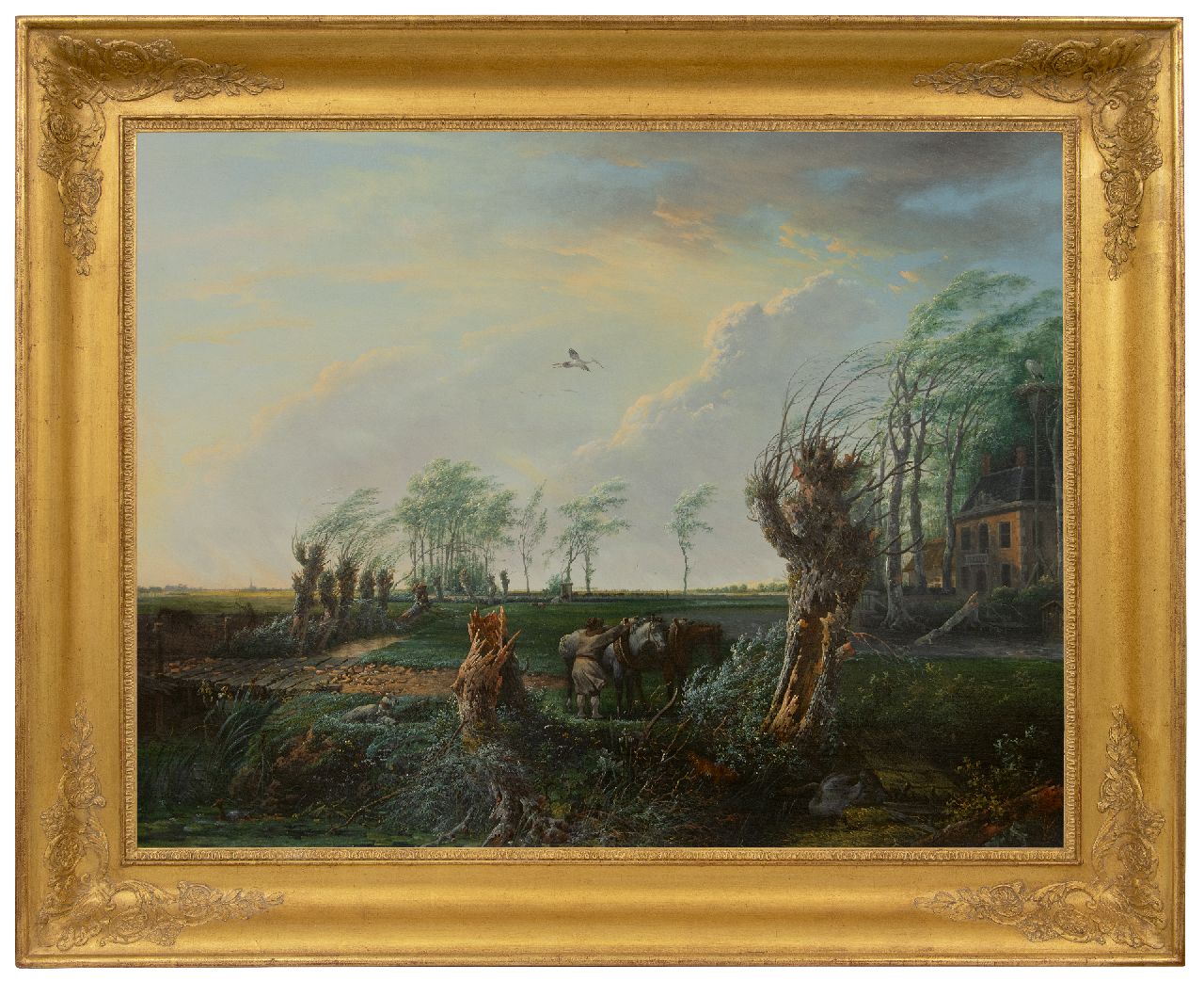 Nijmegen G. van | Gerard van Nijmegen | Gemälde zum Verkauf angeboten | Bauer mit Arbeitspferden auf einem Landgut in einem Sturm, Öl auf Holz 68,8 x 89,7 cm