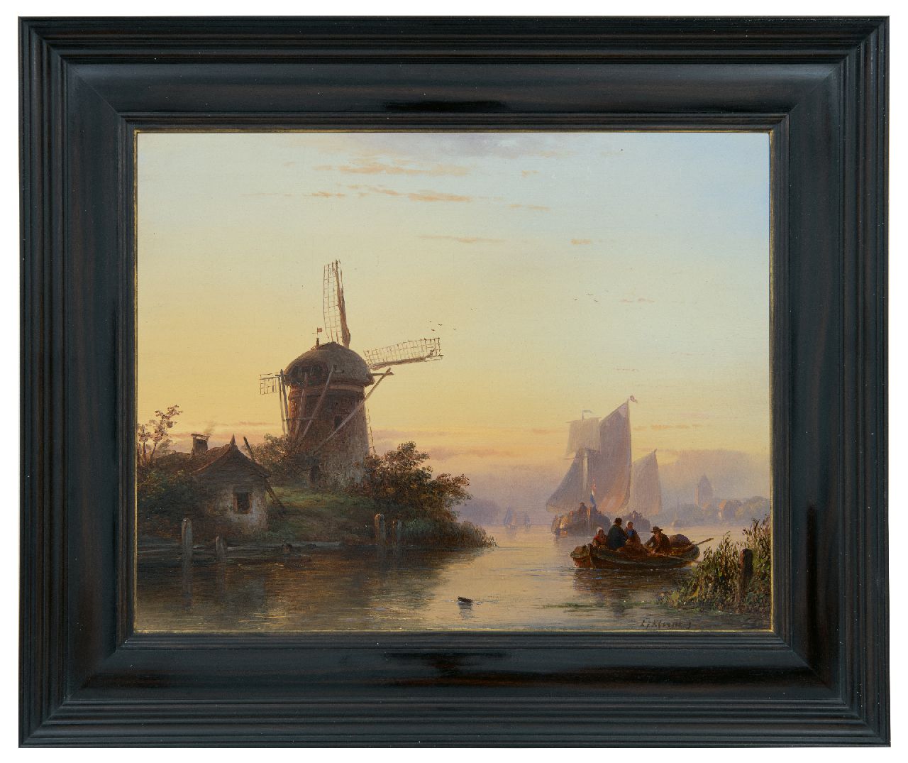 Kleijn L.J.  | Lodewijk Johannes Kleijn, River with ships at sunset, Öl auf Holz 28,7 x 36,5 cm, Unterzeichnet u.r.
