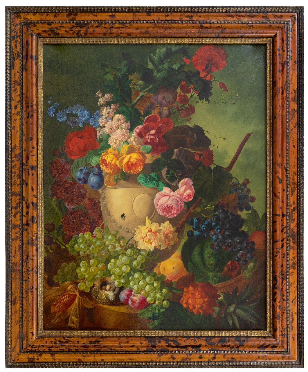 Os J. van | Jan van Os, Stilleben mit Blume, Früchte und Vogelnest auf einem Marmorsockel, Öl auf Leinwand 84,1 x 65,3 cm, Unterzeichnet u.l.