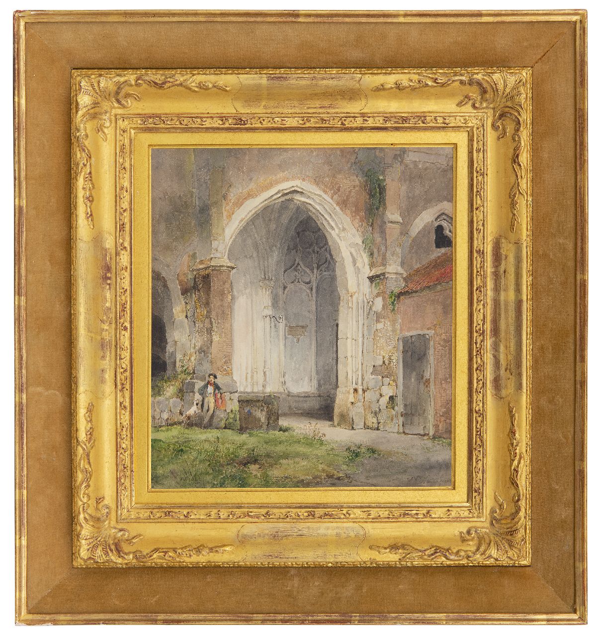 Nuijen W.J.J.  | Wijnandus Johannes Josephus 'Wijnand' Nuijen | Aquarelle und Zeichnungen zum Verkauf angeboten | Mann mit Hund im Kreuzgang der Dom von Utrecht, Aquarell auf Papier 26,5 x 23,6 cm, Unterzeichnet u.r. und datiert 1833