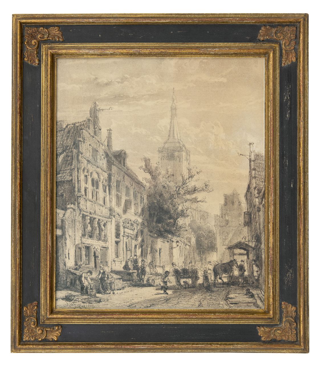 Springer C.  | Cornelis Springer, Blick auf die Nieuwstraat in Hasselt, Overijssel, Holzkohle  auf Papier 61,1 x 51,0 cm, Unterzeichnet u.r. und datiert Hasselt April 1863