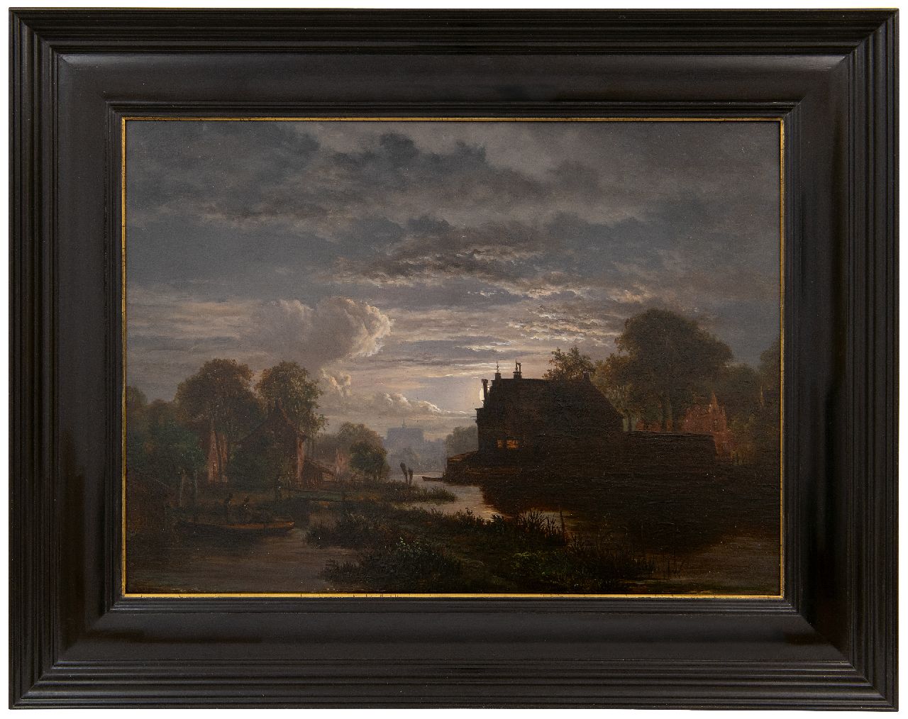 Abels J.Th.  | 'Jacobus' Theodorus Abels | Gemälde zum Verkauf angeboten | Mond beleuchtete Flusslandschaft an einer Stadt, Öl auf Holz 28,8 x 39,1 cm