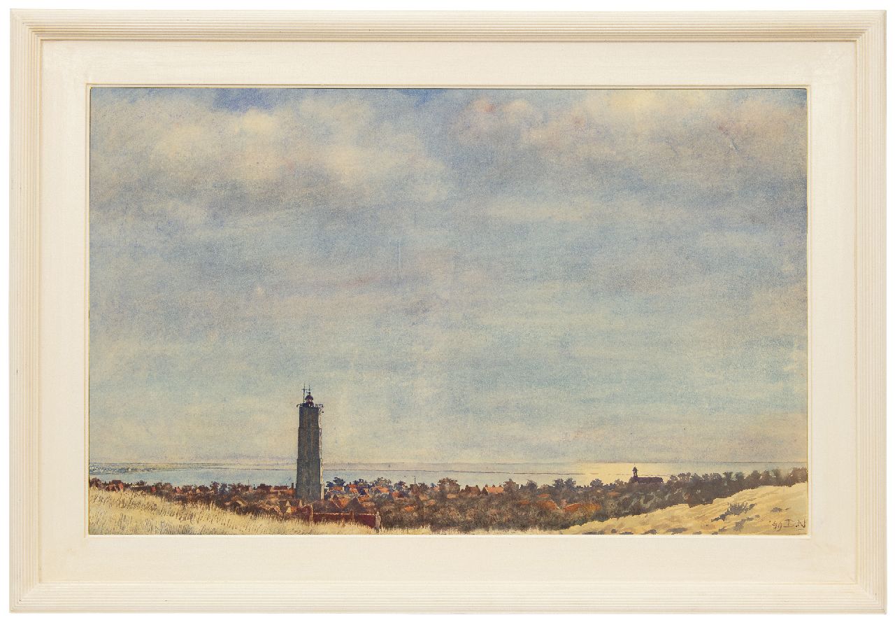 Nijland D.H.  | 'Dirk' Hidde Nijland | Aquarelle und Zeichnungen zum Verkauf angeboten | Blick auf die Brandaris, Terschelling, Aquarell auf Papier 57,4 x 92,6 cm, Unterzeichnet u.r. mit Initialen und datiert '49