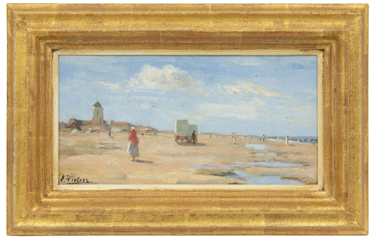 Pieters E.  | Evert Pieters, Sonniger Tag am Strand von Katwijk, Öl auf Holz 13,4 x 26,2 cm, Unterzeichnet u.l.