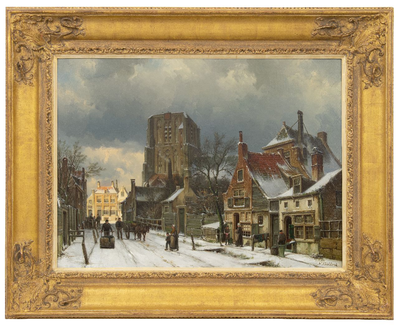 Koekkoek W.  | Willem Koekkoek, Phantasie-Ansicht der schneebekeckten Sint-Martinus Kirche in Woudrichem, Öl auf Leinwand 55,2 x 75,3 cm, Unterzeichnet u.r.