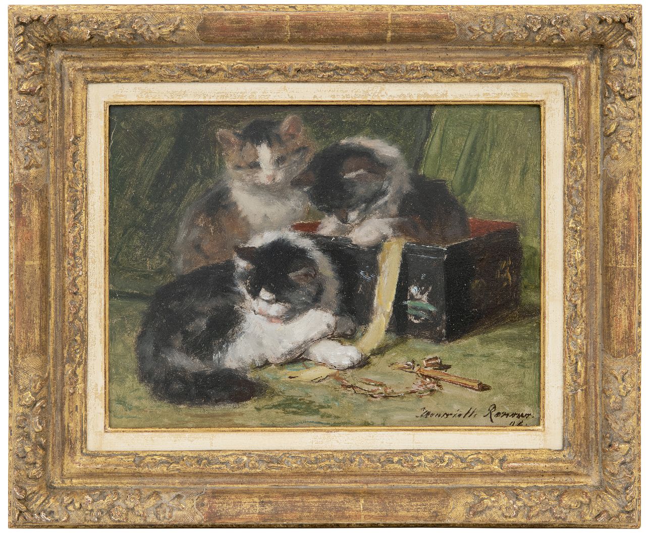 Ronner-Knip H.  | Henriette Ronner-Knip, Kätzchen spielen mit Nähkästchen, Öl auf Holz 25,0 x 33,5 cm, Unterzeichnet u.r. und datiert '94