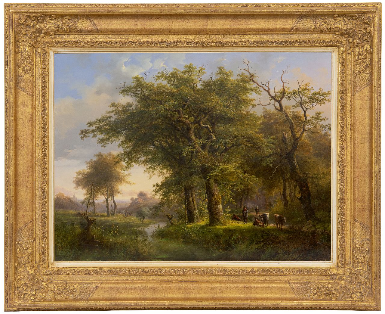 Klombeck J.B.  | Johann Bernard Klombeck, Bewaldetes Bachtal mit Vieh-und Landbewohnern, Öl auf Holz 47,6 x 62,5 cm, Unterzeichnet u.l. und datiert 1857