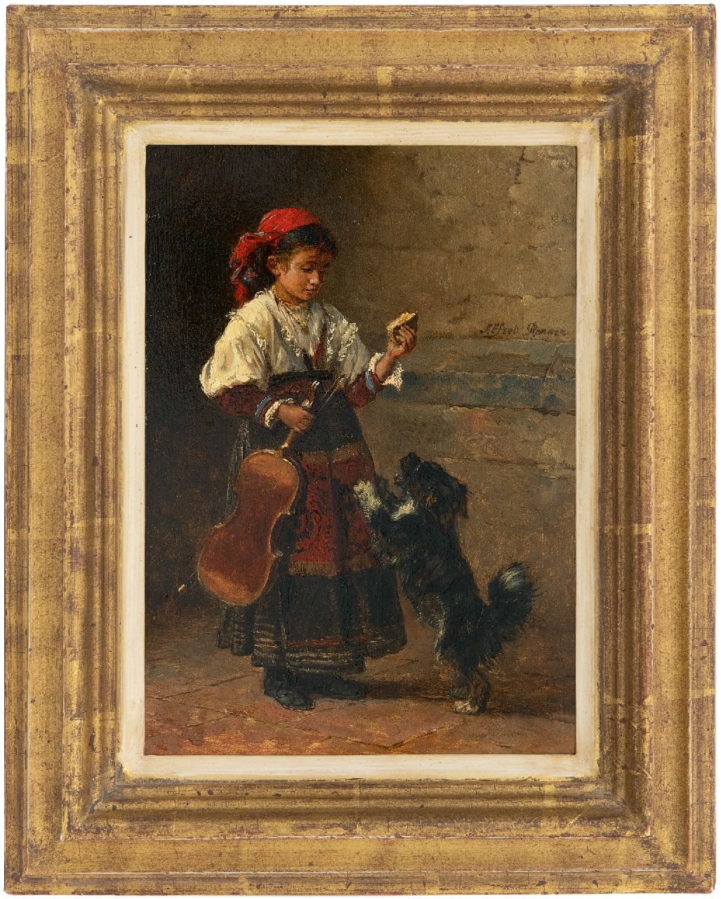 Ronner A.  | Alfred Ronner, Zigeunermädchen mit ihrem Hund, Öl auf Holz 24,7 x 17,7 cm, Unterzeichnet m.r.
