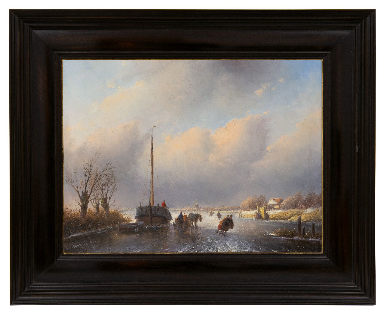 Spohler J.J.  | Jan Jacob Spohler, Winterliche Flusslandschaft mit Schlittschuhläufern und einem Pferdeschlitten, Öl auf Holz 25,5 x 33,4 cm, Unterzeichnet u.l.