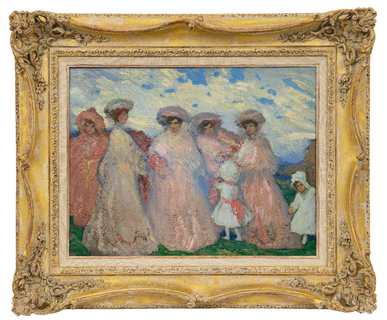 Ramos Martinez A.  | Alfredo Ramos Martinez | Gemälde zum Verkauf angeboten | Elegante Frauen in einer Landschaft, Öl auf Holz 41,5 x 52,5 cm, Unterzeichnet u.l. und zu datieren um 1905