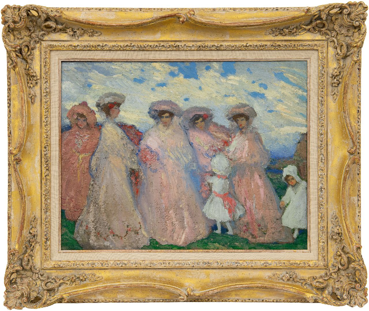 Ramos Martinez A.  | Alfredo Ramos Martinez | Gemälde zum Verkauf angeboten | Elegante Frauen in einer Landschaft, Öl auf Holz 41,5 x 52,5 cm, Unterzeichnet u.l. und zu datieren um 1905