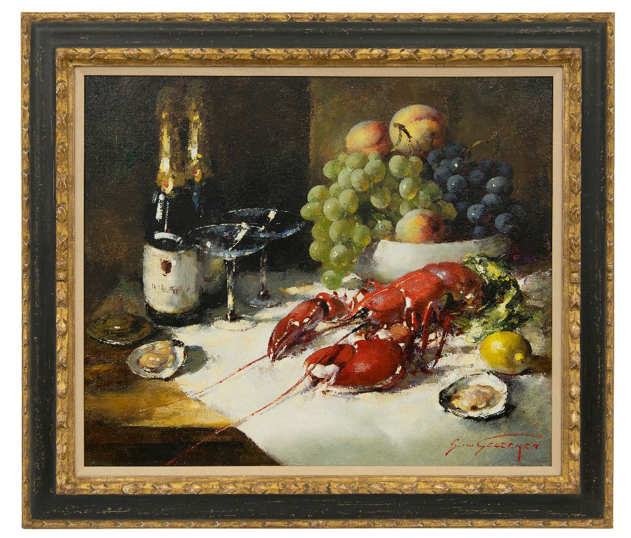 Gelderen S. van | Simon van Gelderen, Stilleben mit Champagner, Schalentieren und Früchten, Öl auf Leinwand 50,3 x 60,2 cm, Unterzeichnet u.r.