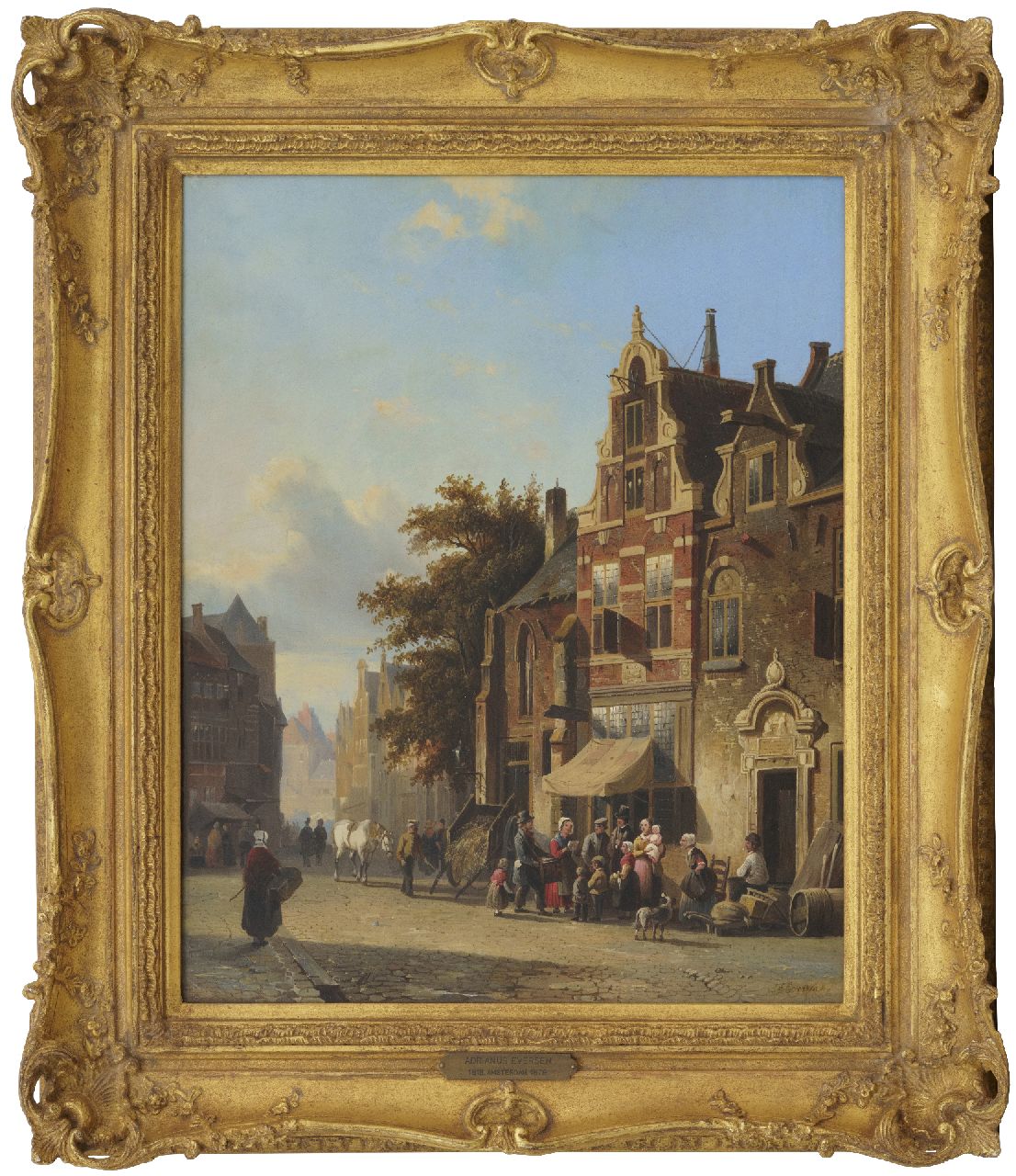 Eversen A.  | Adrianus Eversen, Stadtansicht mit Leier(kasten)mann, Öl auf Holz 49,5 x 40,4 cm, Unterzeichnet r.u. und zu datieren um 1848-1850