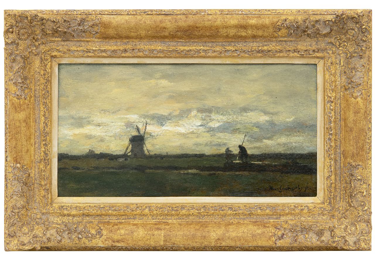 Weissenbruch H.J.  | Hendrik Johannes 'J.H.' Weissenbruch, Landschaft mit Punktierung Landwirt und Mühle, Öl auf Holz 16,2 x 31,2 cm, Unterzeichnet u.r. und datiert 1901