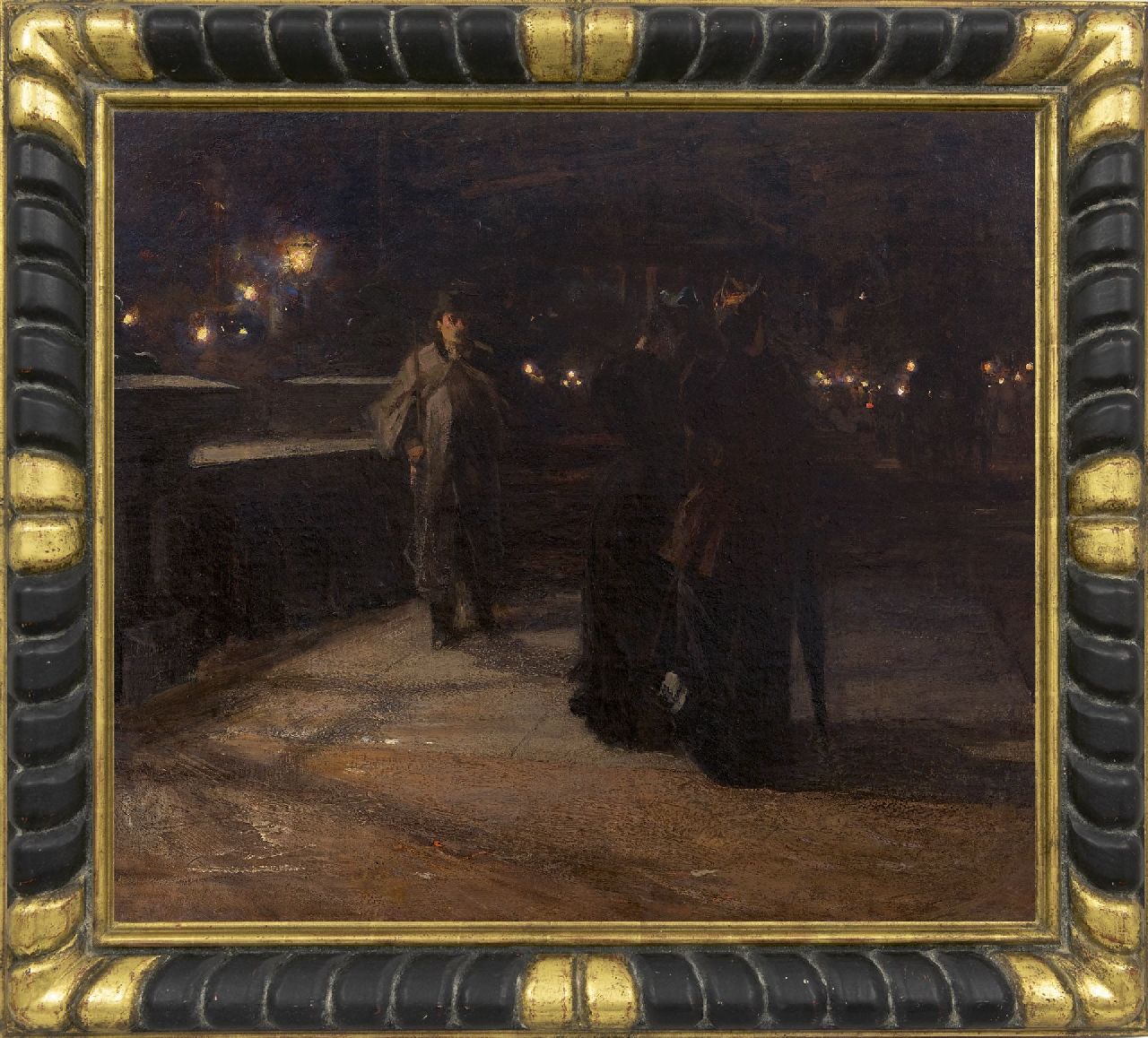 Arntzenius P.F.N.J.  | Pieter Florentius Nicolaas Jacobus 'Floris' Arntzenius, Der Maler trifft nachts zwei Damen, Öl auf Leinwand 70,2 x 79,7 cm, Unterzeichnet u.l.