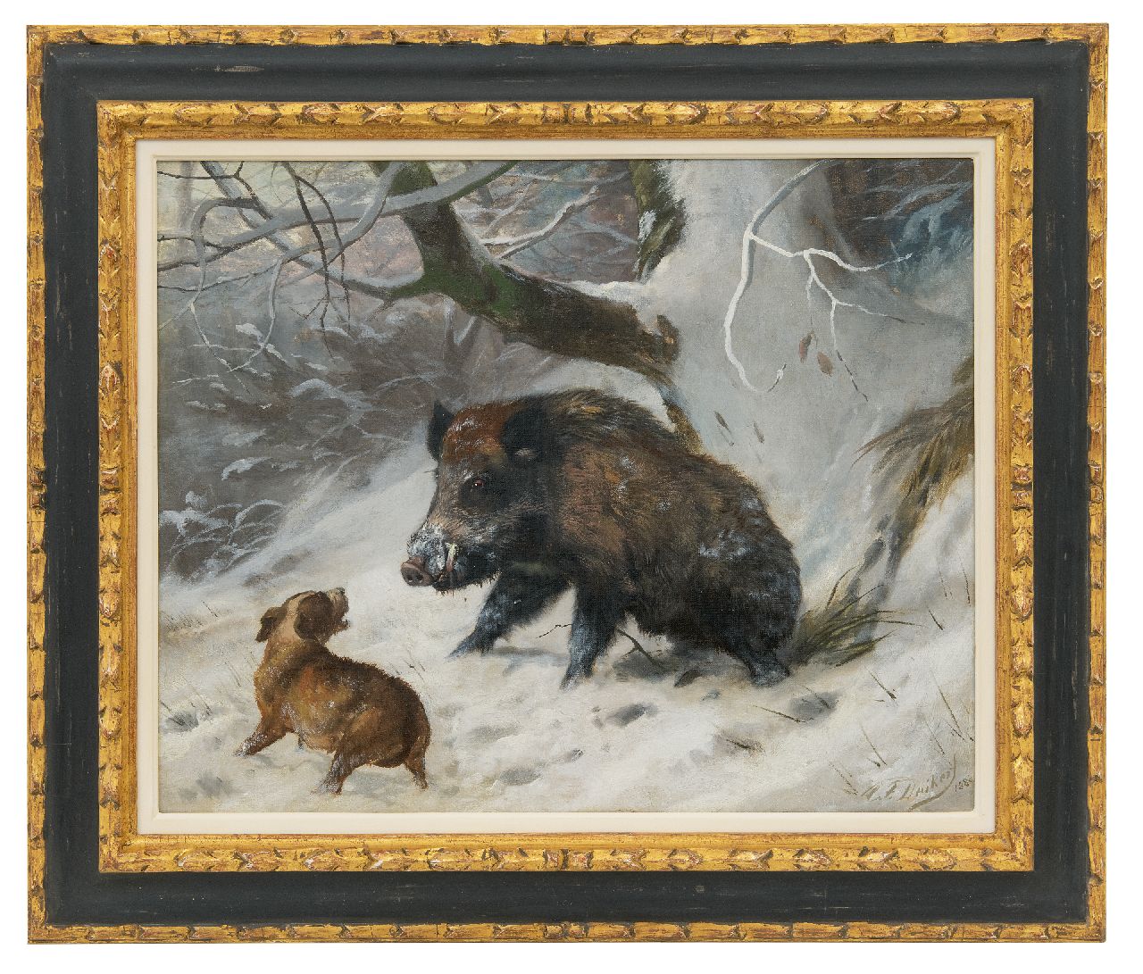 Deiker C.F.  | Carl Friedrich Deiker, Jagdhund der ein Wildschwein aufspürt, Öl auf Leinwand 40,2 x 49,8 cm, Unterzeichnet u.r. und datiert 1888