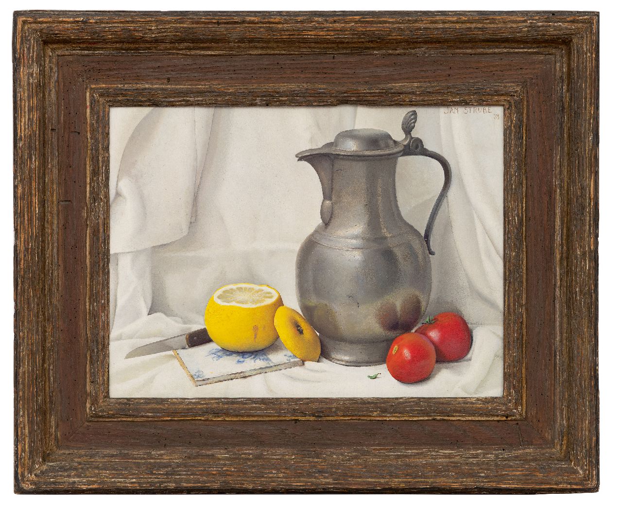 Strube J.H.  | Johan Hendrik 'Jan' Strube | Gemälde zum Verkauf angeboten | Stilleben mit Zinnkanne, Zitrone und Tomaten, Öl auf Holz 31,1 x 40,8 cm, Unterzeichnet r.o. und datiert '53