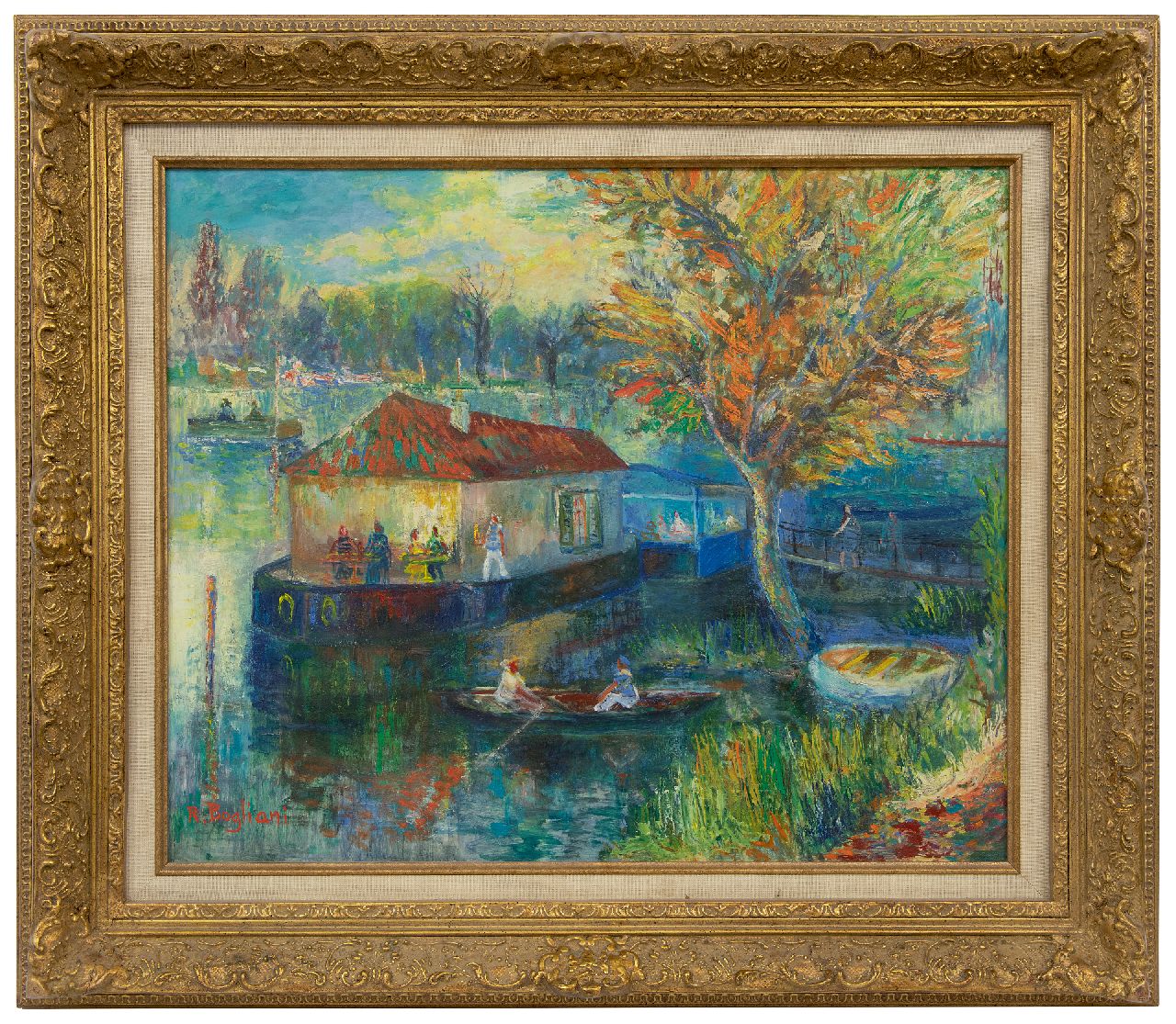 Bogliani R.  | Robert. Bogliani | Gemälde zum Verkauf angeboten | Café auf den Fluss im Sommer, Öl auf Holzfaser 50,0 x 61,0 cm, Unterzeichnet l.u.