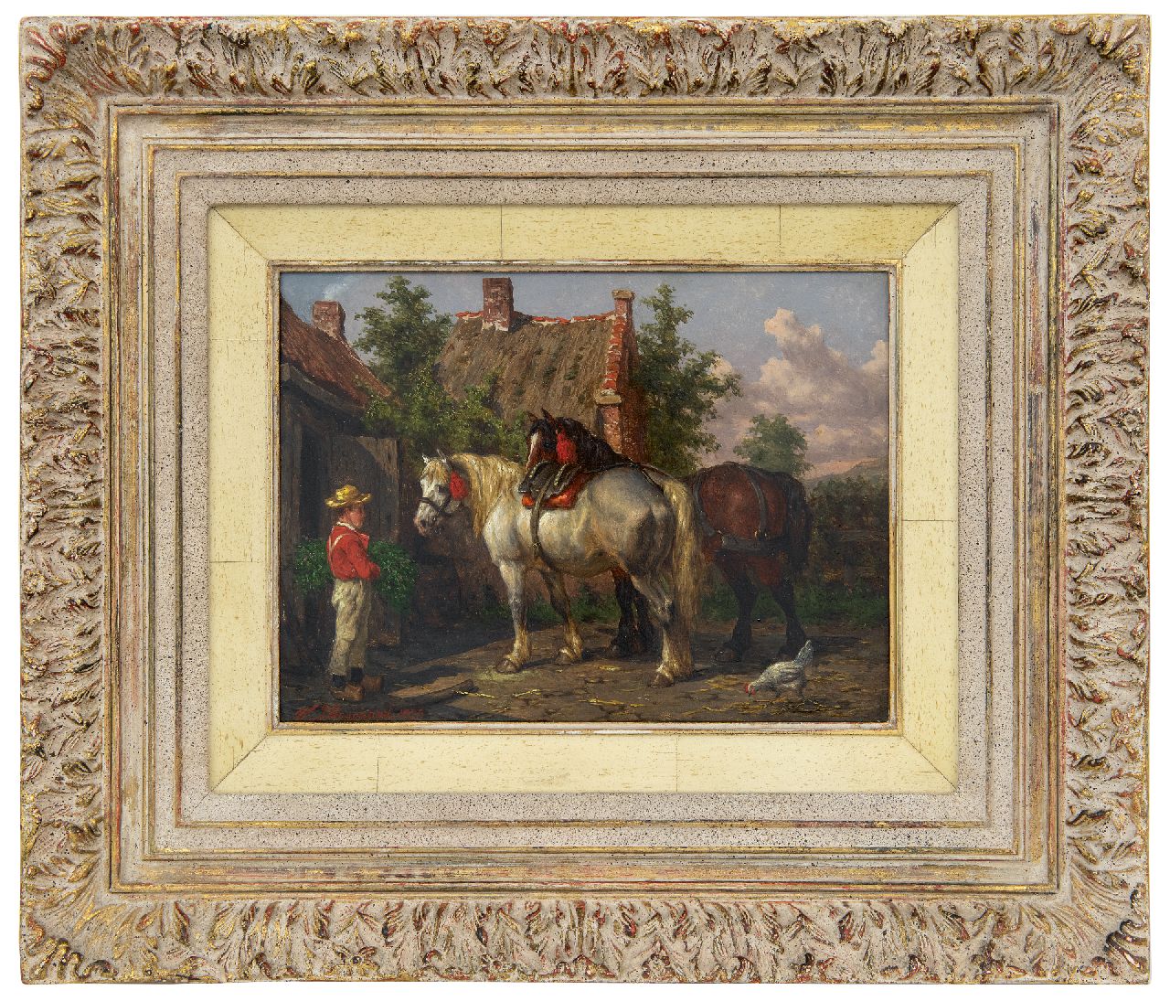 Boogaard W.J.  | Willem Johan Boogaard | Gemälde zum Verkauf angeboten | Pferde und Diener beim Stall, Öl auf Holz 20,0 x 27,2 cm, Unterzeichnet l.u. und datiert 1877