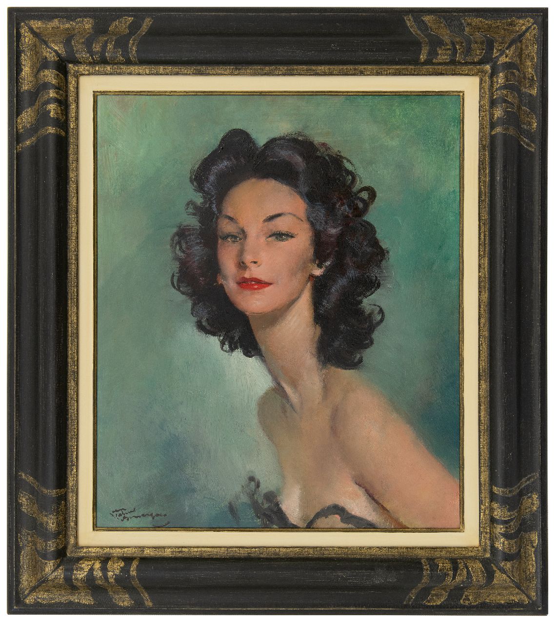 Domergue J.G.  | Jean-Gabriel Domergue | Gemälde zum Verkauf angeboten | Jeune femme aux cheveux noirs, Öl auf Holzfaser 54,8 x 46,0 cm, Unterzeichnet l.u.