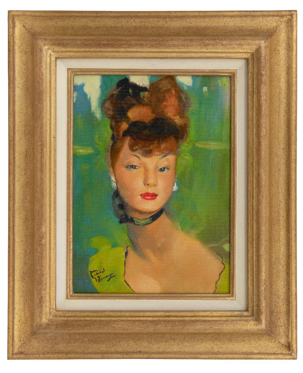 Domergue J.G.  | Jean-Gabriel Domergue | Gemälde zum Verkauf angeboten | Junge Frau in Grün gekleidet, Öl auf Leinwand 33,5 x 24,0 cm, Unterzeichnet l.u.
